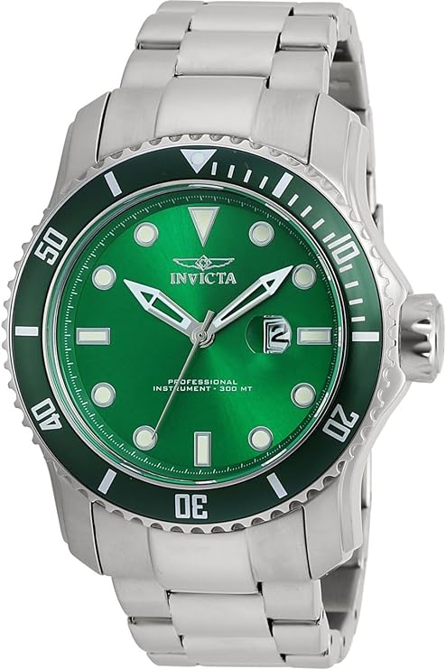 Invicta Mens Stainless Steel Pro Diver Analog Display Swiss Quartz Watch, Dial Color Green, Band Color Silver - 20096