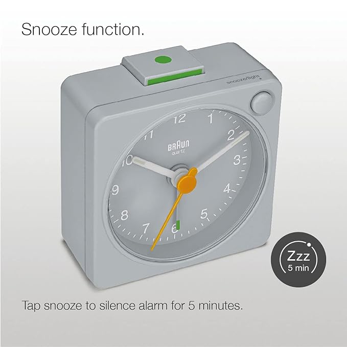 Braun Classic travel Alarm Clock with Snooze and Light, Crescendo Beep Alarm in Grey - BC02XG