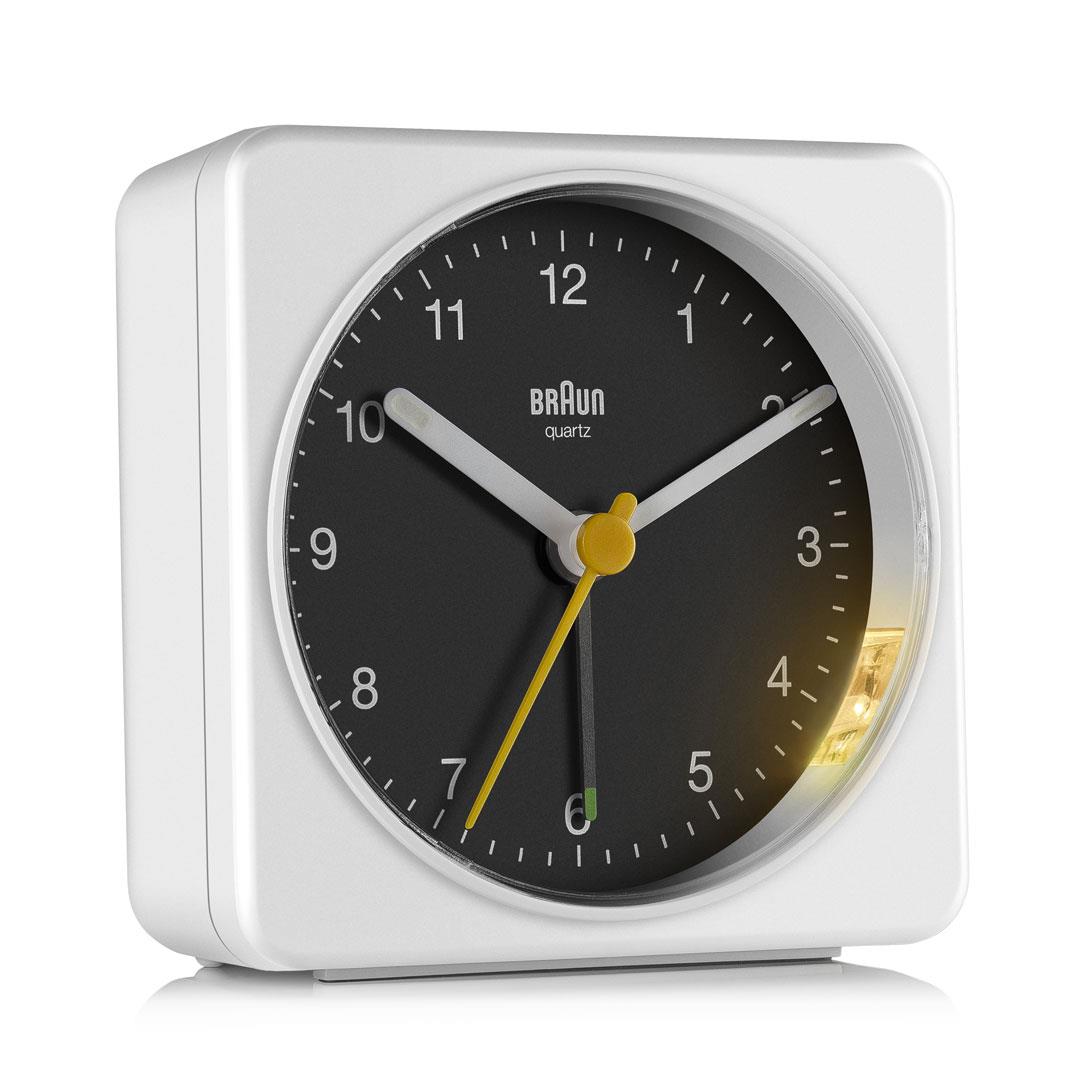 Braun Classic Clock with Snooze and Light, Crescendo Beep in White and Black - BC03WB