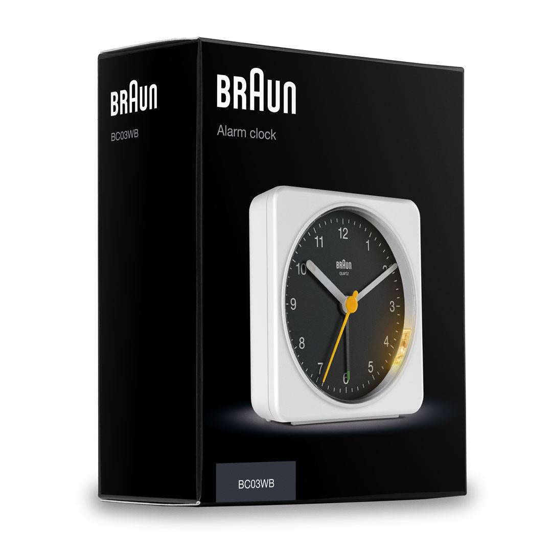 Braun Classic Clock with Snooze and Light, Crescendo Beep in White and Black - BC03WB