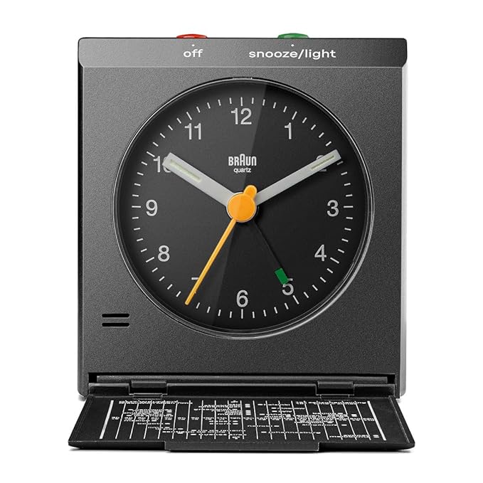 Braun Classic travel Analogue Alarm Clock with Snooze and Light, Compact Size, Folding Lid with World Time Zone Map, Quiet Quartz Movement, Crescendo Beep Alarm in Black, model BC05B.