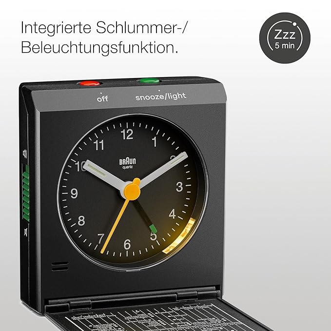 Braun Classic travel Analogue Alarm Clock with Snooze and Light, Compact Size, Folding Lid with World Time Zone Map, Quiet Quartz Movement, Crescendo Beep Alarm in Black, model BC05B.