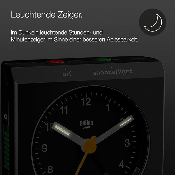 Braun Classic travel Analogue Alarm Clock with Snooze and Light, Compact Size, Folding Lid with World Time Zone Map, Quiet Quartz Movement, Crescendo Beep Alarm in Black, model BC05B.