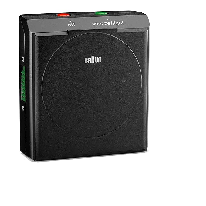 Braun Classic travel Analogue Alarm Clock with Snooze and Light, Compact Size, Folding Lid with World Time Zone Map, Quiet Quartz Movement, Crescendo Beep Alarm in Black, model BC05B.
