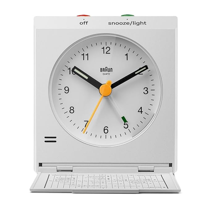 Braun Classic travel Clock with Snooze and Light,Folding Lid with World Time Zone Map - BC05W