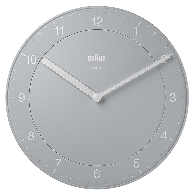 Braun Classic Wall Clock with Quiet Quartz Movement, Easy To Read, 20cm Diameter in Grey - BC06G