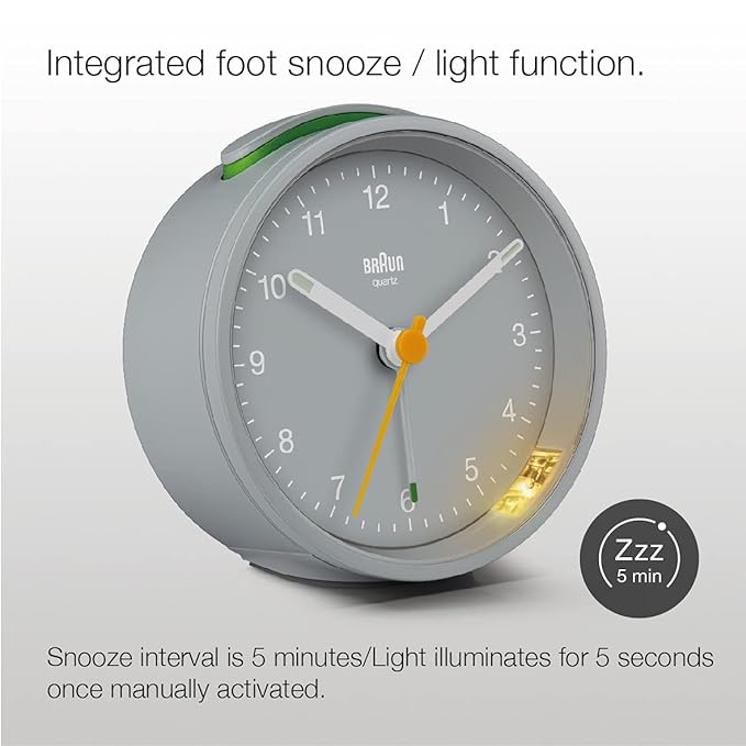 Braun Classic Analogue Alarm Clock with Snooze and Light, Crescendo Beep Alarm in Grey - BC12G