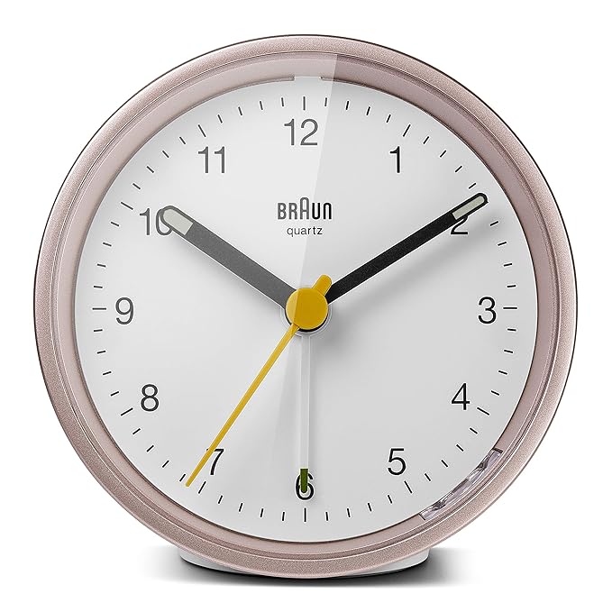 Braun Classic Alarm Clock with Snooze and Light, Crescendo Beep Alarm in White and Rose - BC12PW