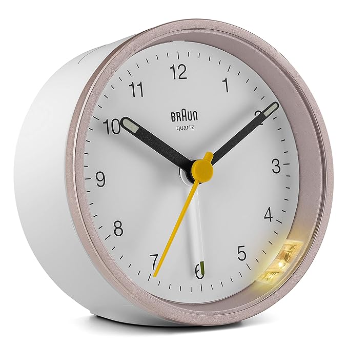 Braun Classic Alarm Clock with Snooze and Light, Crescendo Beep Alarm in White and Rose - BC12PW