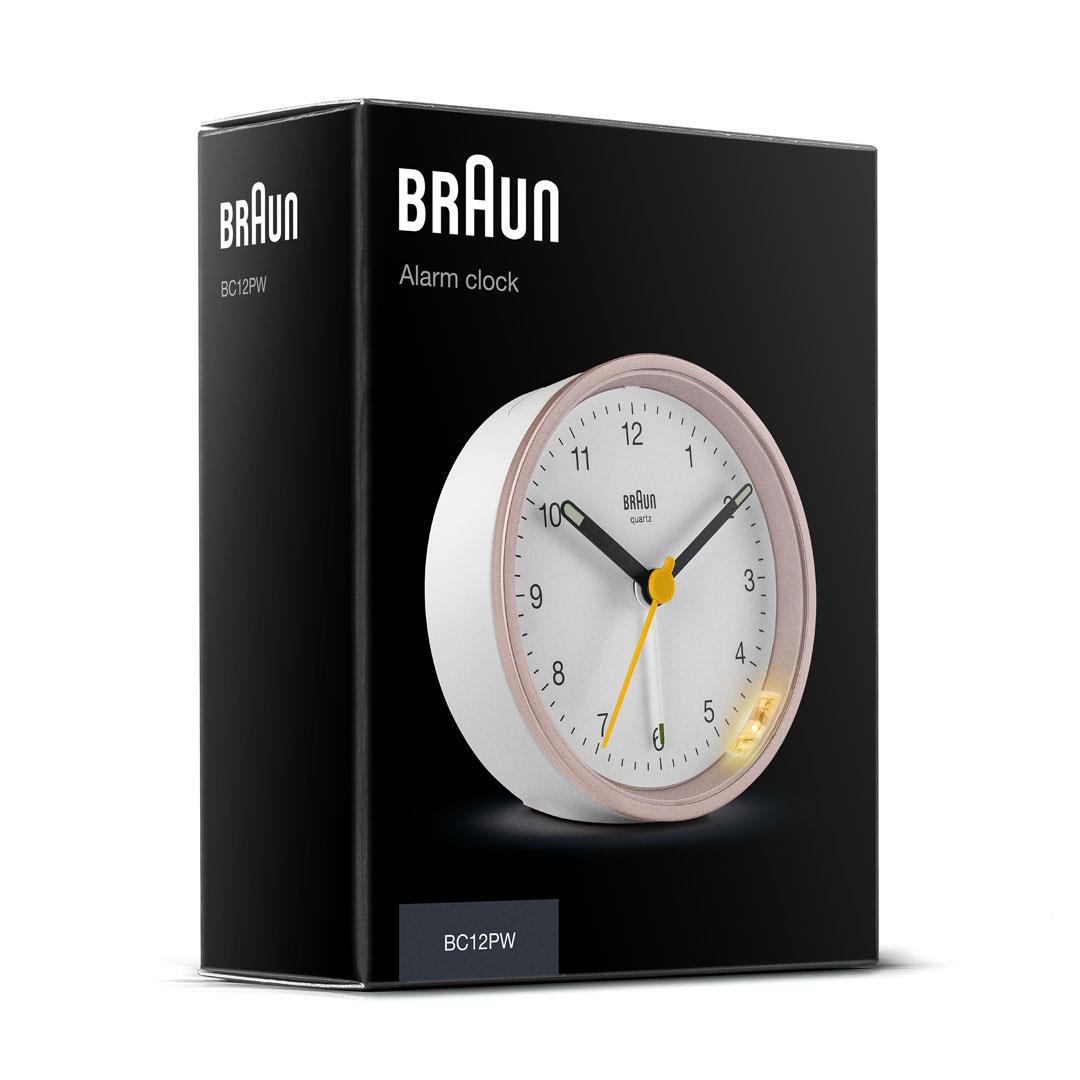 Braun Classic Alarm Clock with Snooze and Light, Crescendo Beep Alarm in White and Rose - BC12PW