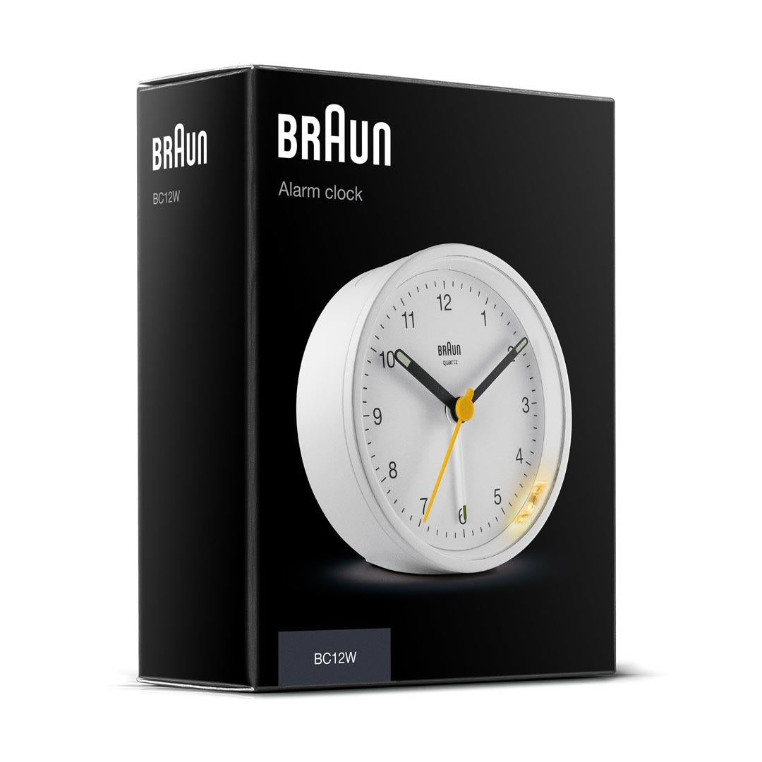 Braun Classic Analogue Alarm Clock with Snooze and Light, Crescendo Beep Alarm in White - BC12W