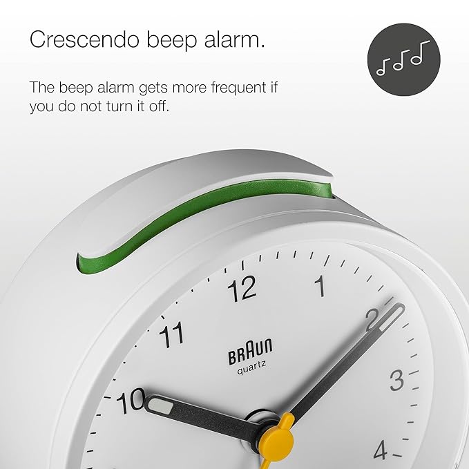 Braun Classic Analogue Alarm Clock with Snooze and Light, Crescendo Beep Alarm in White - BC12W