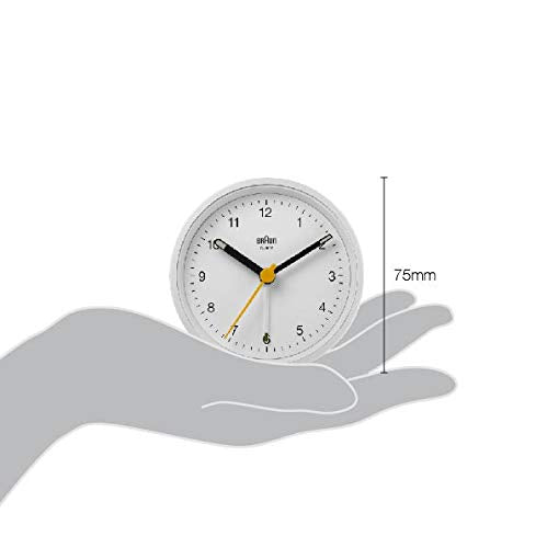 Braun Classic Analogue Alarm Clock with Snooze and Light, Crescendo Beep Alarm in White - BC12W