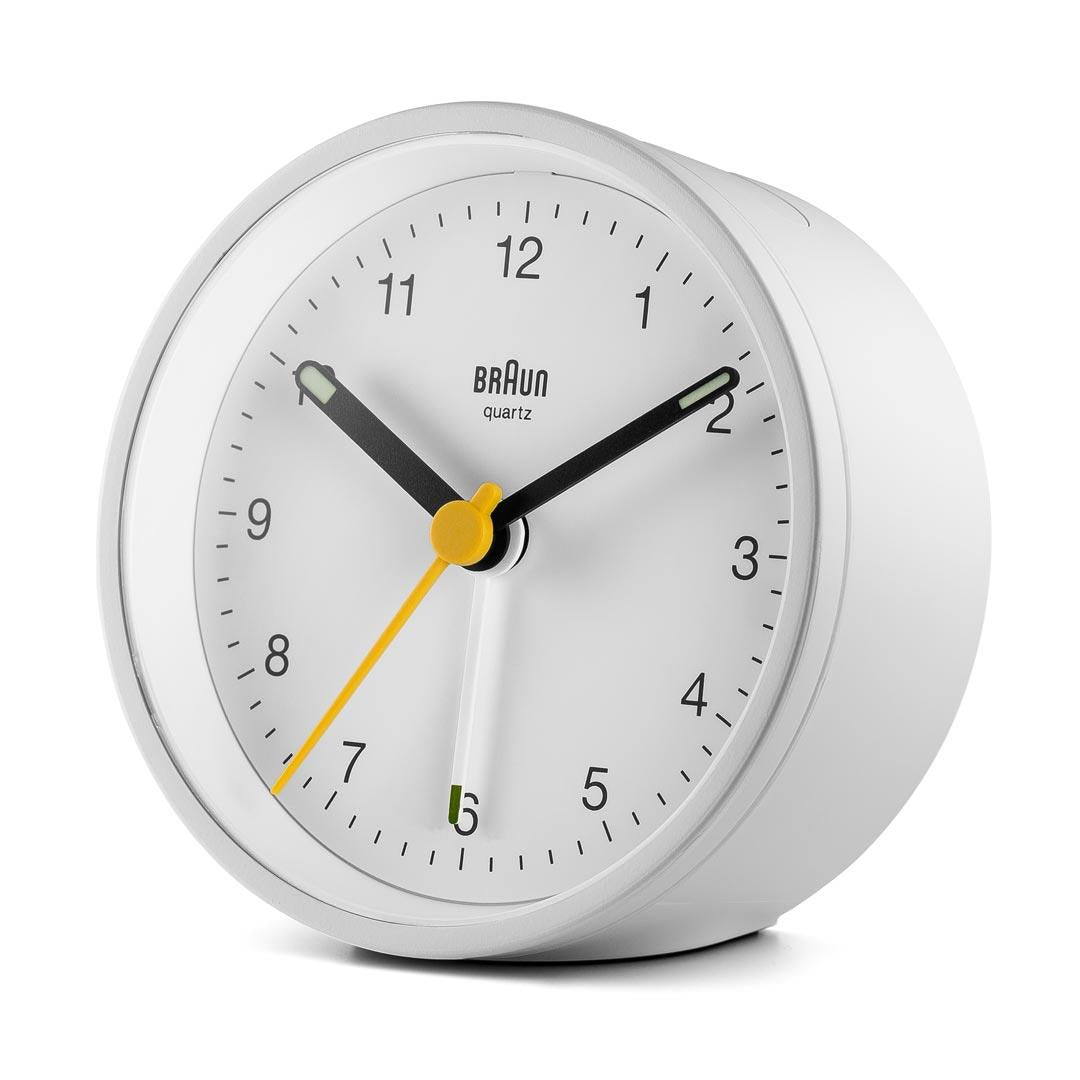 Braun Classic Analogue Alarm Clock with Snooze and Light, Crescendo Beep Alarm in White - BC12W