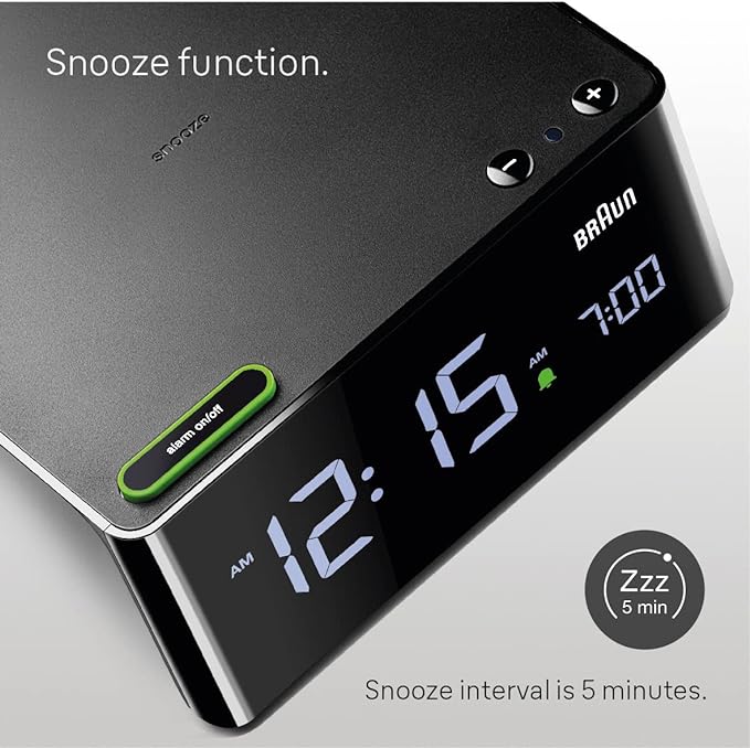Braun Digital Alarm Clock with VA LCD Display, Touch Snooze Pad, Quick Set, Automatically Adjusting Display Brightness, Beep Alarm in Black, model BC16B