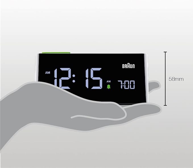Braun Digital Alarm Clock with VA LCD Display, Touch Snooze Pad, Quick Set, Automatically Adjusting Display Brightness, Beep Alarm in Black, model BC16B