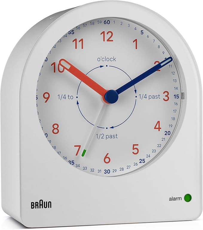 Braun Analog Clock Alarm Clock with Snooze and Continuous Backlight, Silent Quartz Movement, Easy to Read Dial, Crescendo Alarm Beep in White, Model BC22TW.