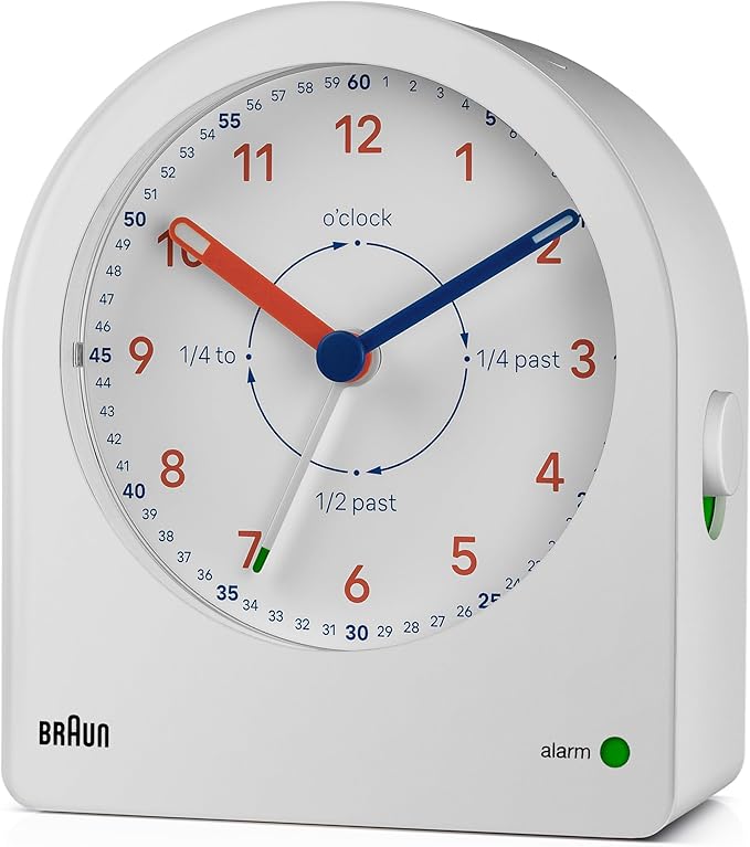 Braun Analog Clock Alarm Clock with Snooze and Continuous Backlight, Silent Quartz Movement, Easy to Read Dial, Crescendo Alarm Beep in White, Model BC22TW.