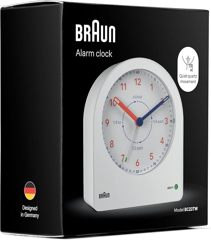 Braun Analog Clock Alarm Clock with Snooze and Continuous Backlight, Silent Quartz Movement, Easy to Read Dial, Crescendo Alarm Beep in White, Model BC22TW.
