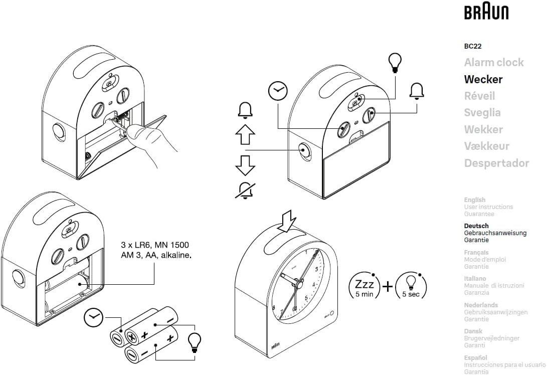 Braun Analog Clock Alarm Clock with Snooze and Continuous Backlight, Silent Quartz Movement, Easy to Read Dial, Crescendo Alarm Beep in White, Model BC22TW.