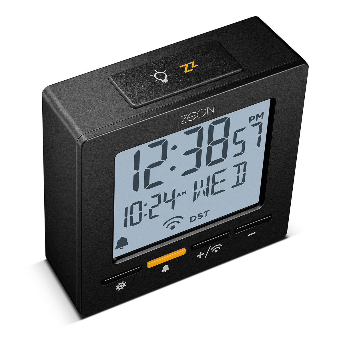 ZEON Digital Bedside Alarm Clock with Positive LCD Display, Snooze and Backlight Function and Temperature, Day & Date Display in Black, Battery Powered, CE4555
