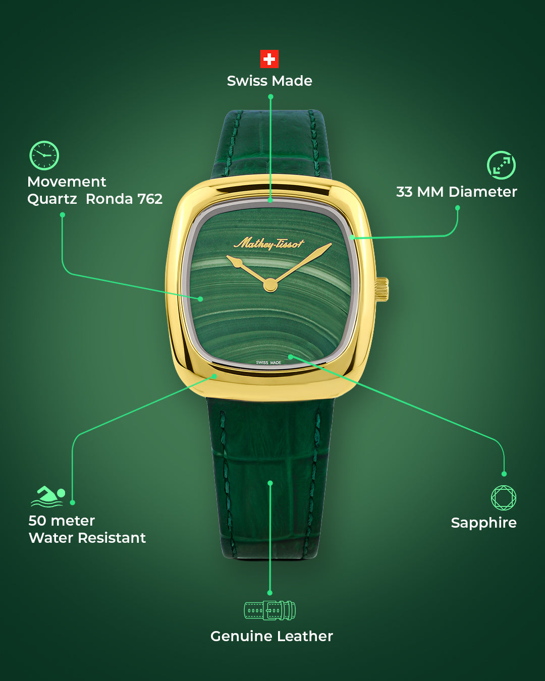 Mathey-Tissot Swiss Made Miss Quartz Ronda 762 Movement Green Dial Analog Watch For Ladies - D538PLV