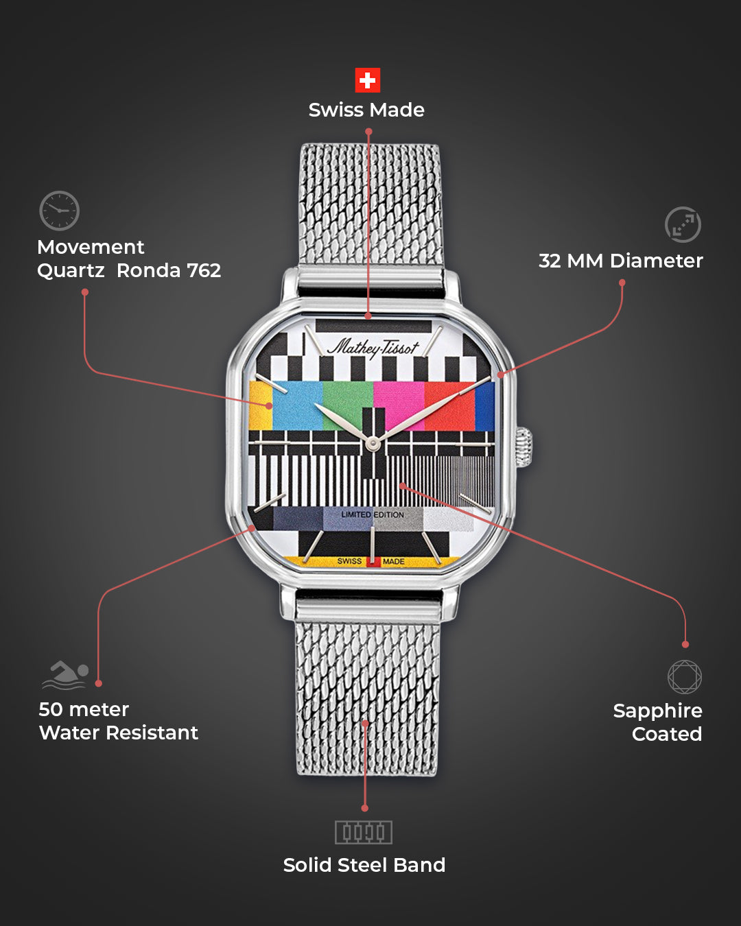 Mathey-Tissot Swiss Made Monsoon Square Limited Edition Quatrz Multicolor Dial Analog Watch For Ladies - D7917TV