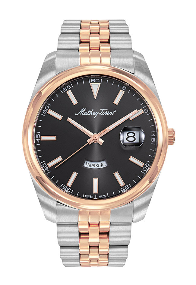 Mathey-Tissot Swiss Made Mathy Day-Date Quartz Black Dial Analog Watch For - Gents H510RS