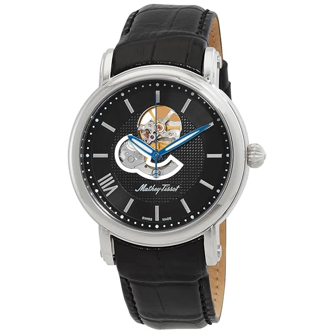 Mathey-Tissot Leather Black Dial Automatic Analogue Watch for Men - H7053An, Black Band