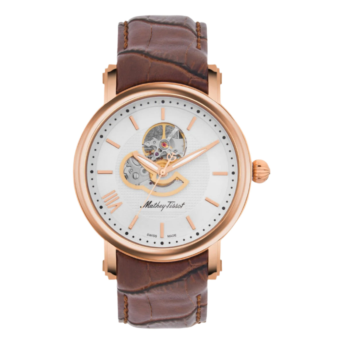 Mathey-Tissot Leather White Dial, Brown Band Automatic Analogue Watch for Men - H7053PI