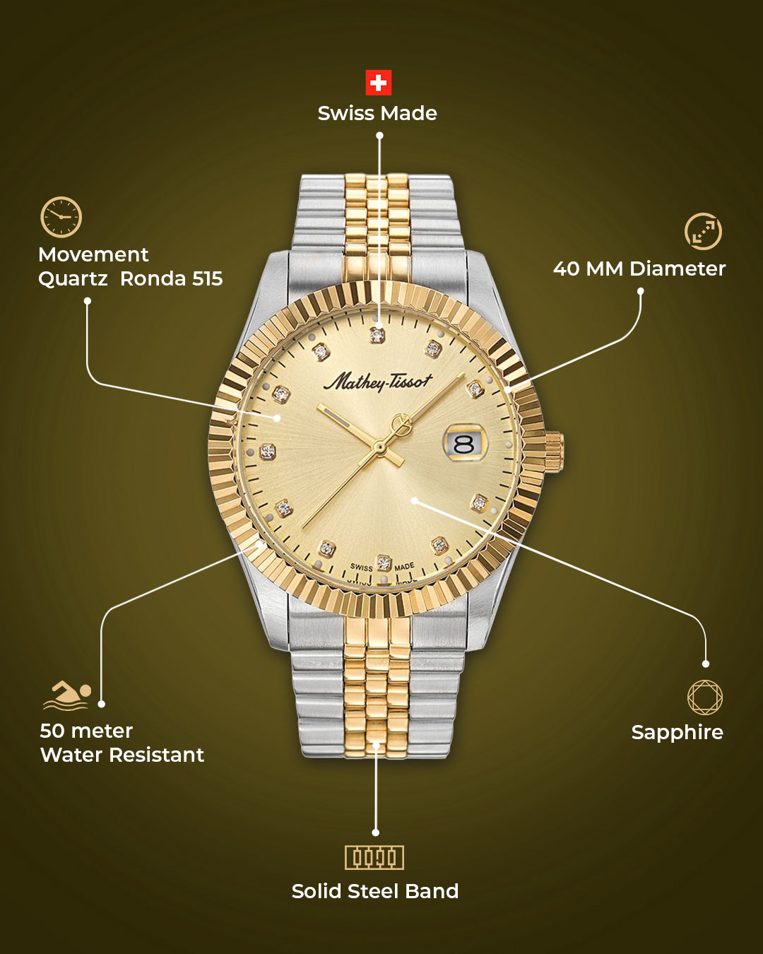 Mathey-Tissot Swiss Made Analog 40 MM Gold Dial Mens Watch-H710BDI