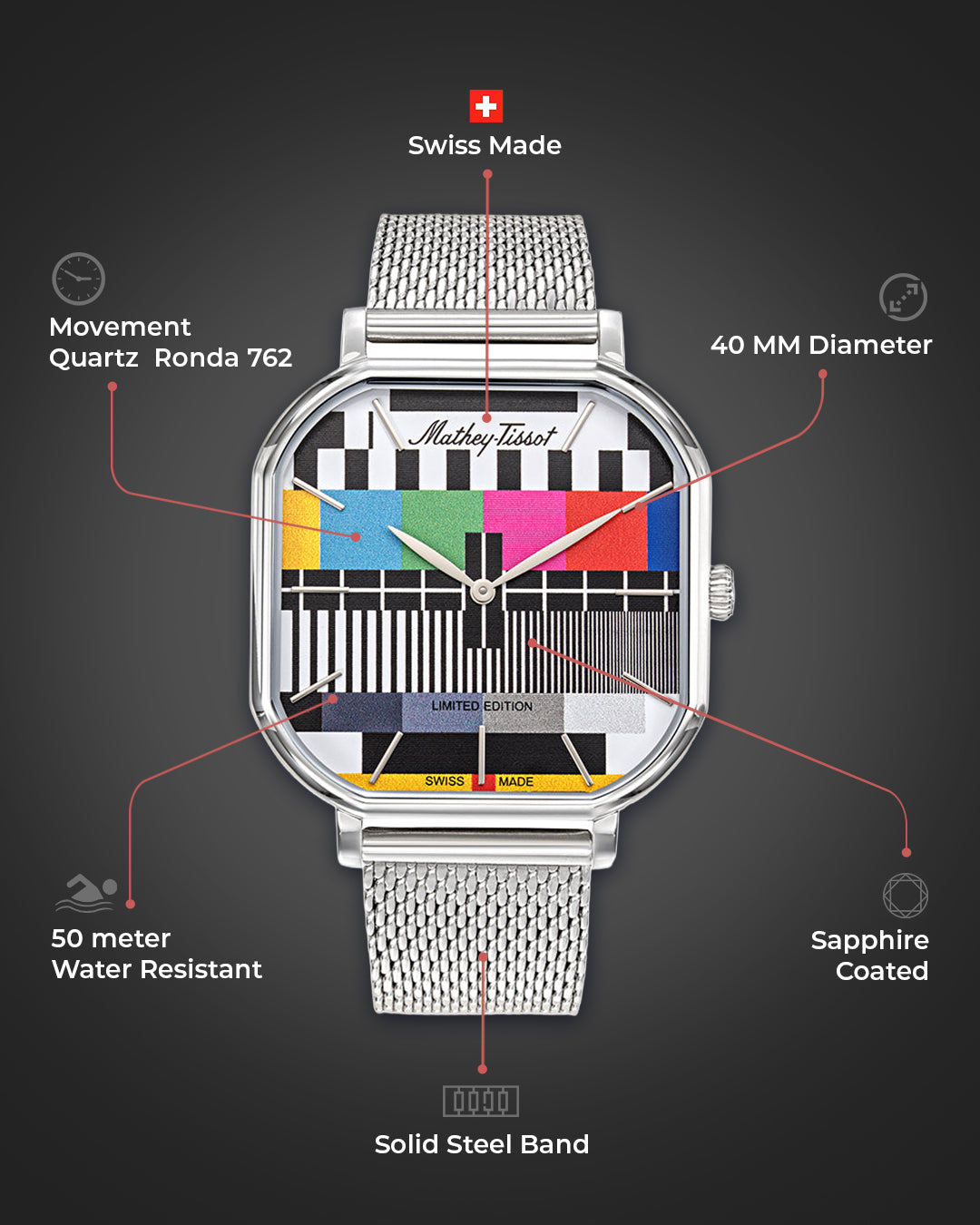 Mathey-Tissot Swiss Made Monsoon Square Limited Edition Quartz Multicolor Dial Analog Watch - For Gents H7917TV