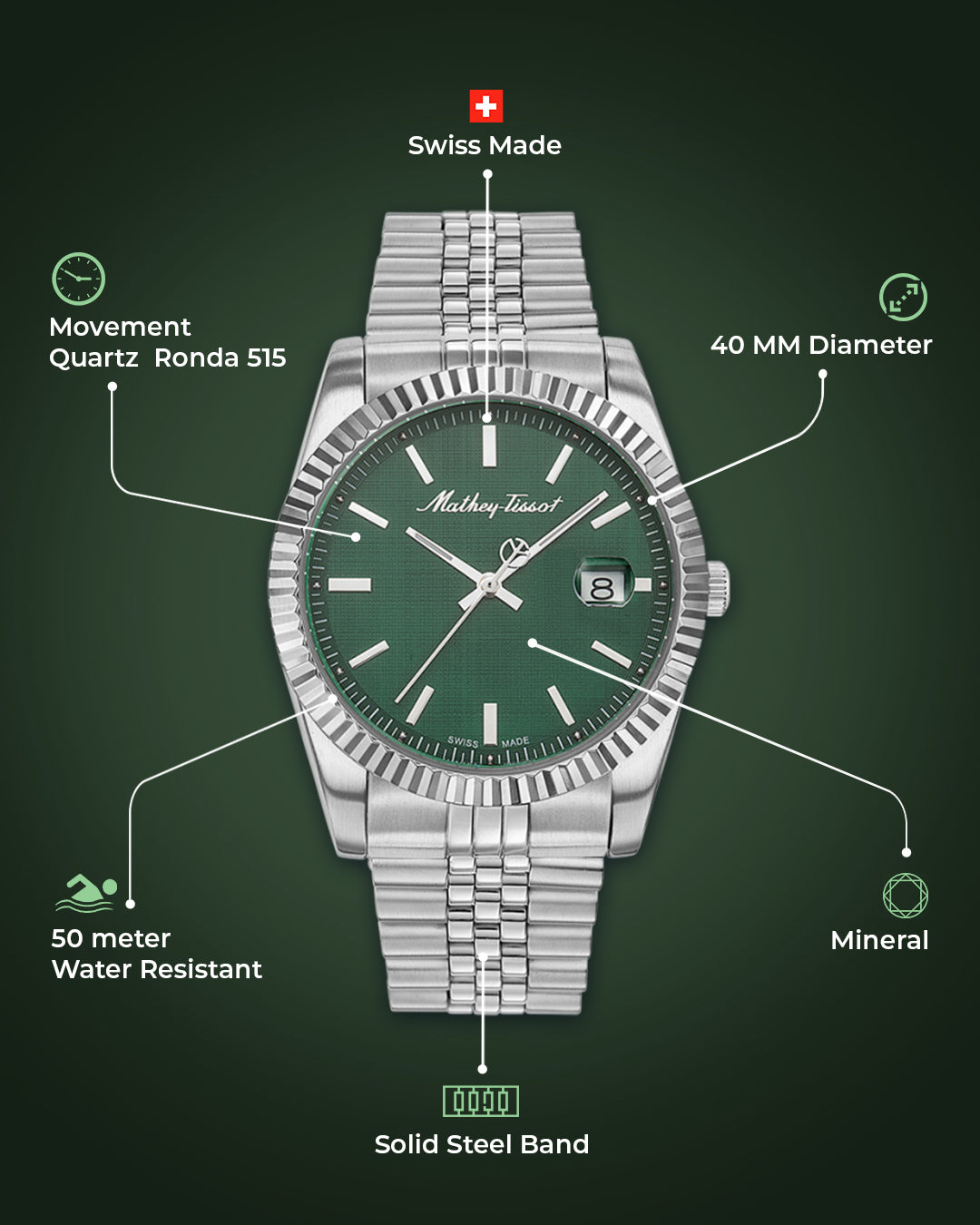 Mathey-Tissot Swiss Made Analog Green Dial Watch For Men - H810AV
