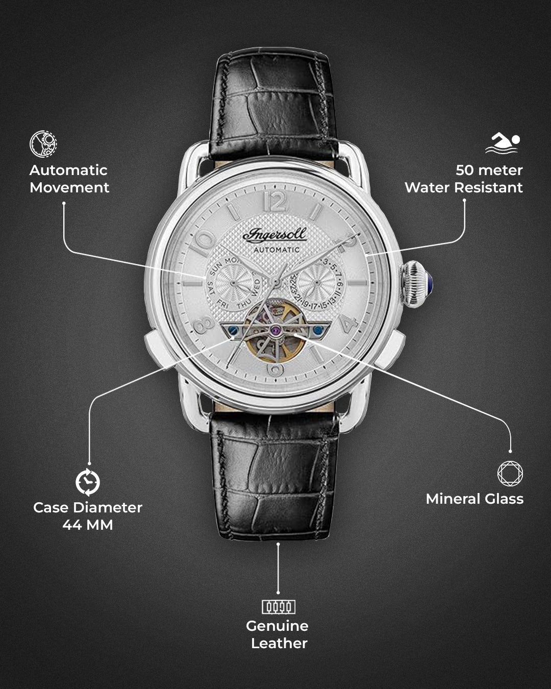 Ingersoll Classic Automatic Silver Dial Open Heart Analog Watch For Men - I00903B