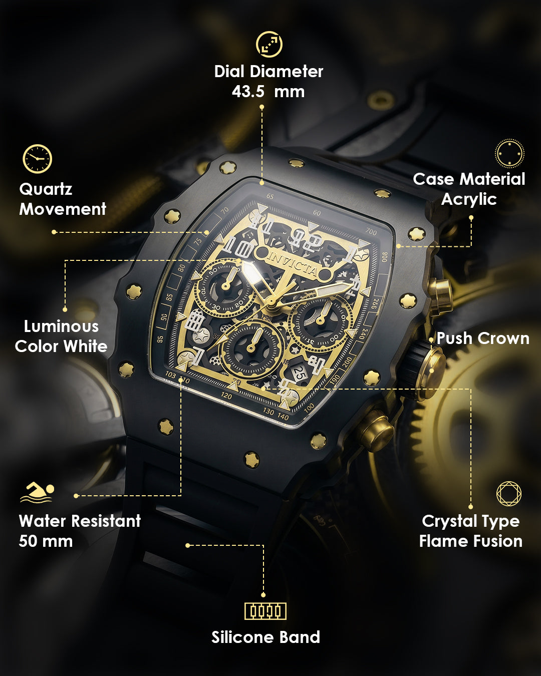 Invicta Racing Quartz Gold Dial Analog Watch For Gents - 69728
