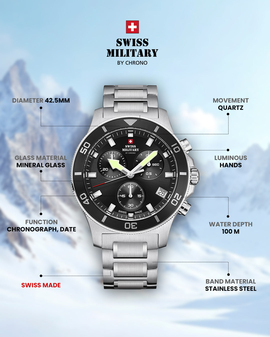 Swiss Military by Chrono Swiss Made Black Dial Analog Watch for Gents - SM34067.10