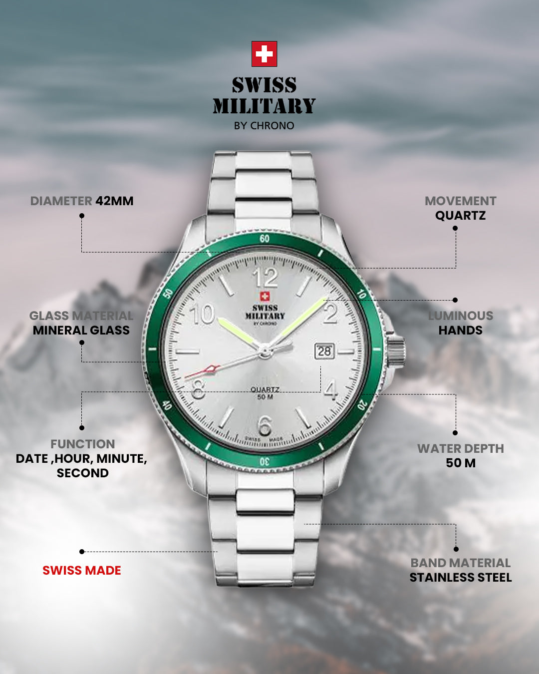 Swiss Military by Chrono Swiss Made Silver Dial Analog Watch for Gents - SM34096.04
