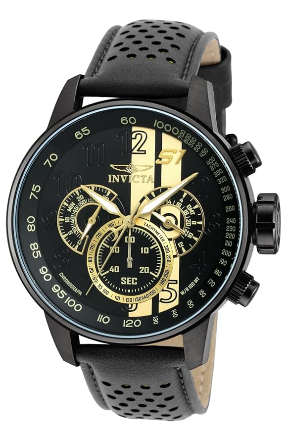 Invicta Leather Men 19289 S1 Rally Analog Display Japanese Quartz Black Dial Watch, Black Band