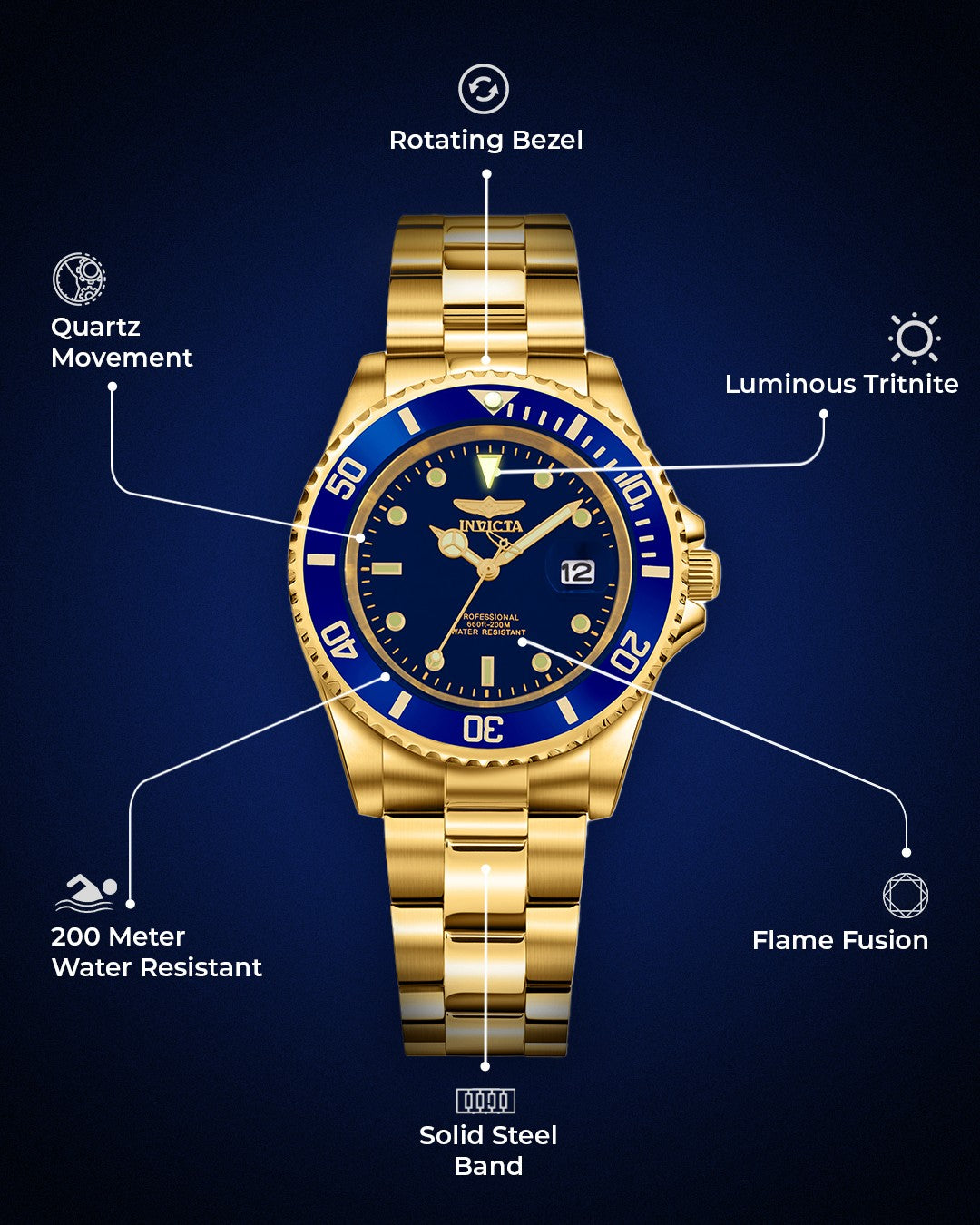 Invicta Mens Pro Diver Fashion Gold Blue Gold Strap Dial Watch -26974