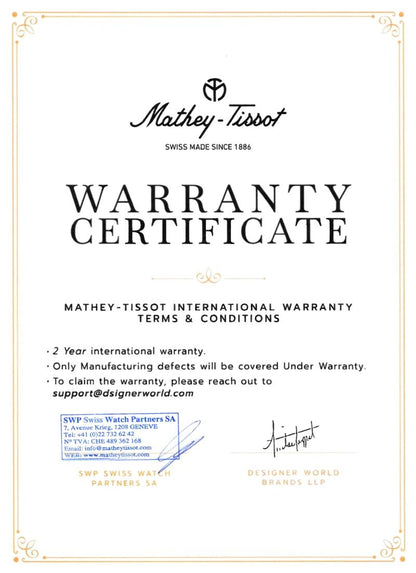 Mathey Tissot Swiss Made Quartz Mathy III Roman White Dial Analog Watches For Gents &amp; Ladies - P810BBR