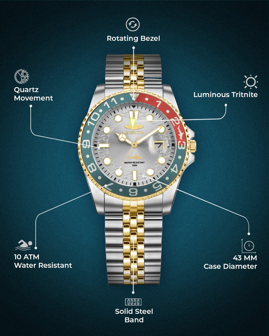 Invicta Stainless Steel Pro Diver Analog Silver Dial Watch for Men - 40010