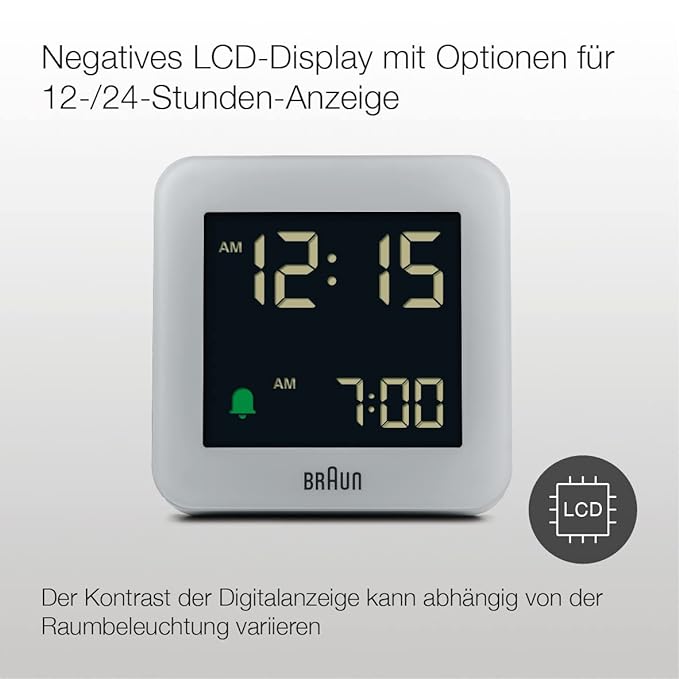 Braun Digital Clock with Snooze, Negative LCD Display, Quick Set, Crescendo Beep in Grey - BC09G