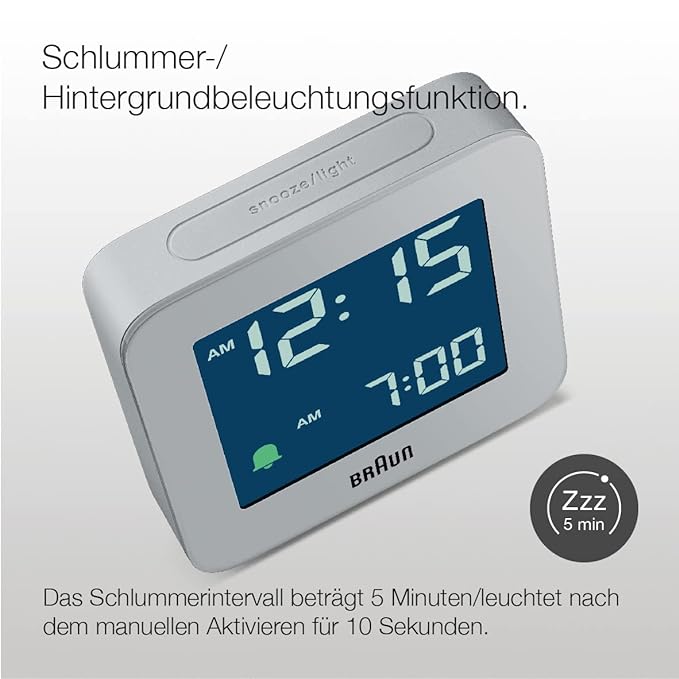 Braun Digital Clock with Snooze, Negative LCD Display, Quick Set, Crescendo Beep in Grey - BC09G