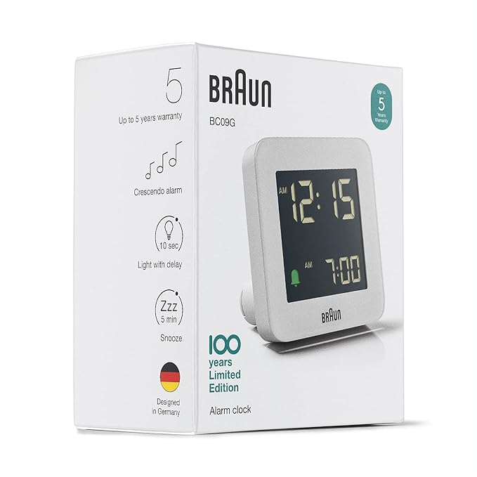 Braun Digital Clock with Snooze, Negative LCD Display, Quick Set, Crescendo Beep in Grey - BC09G