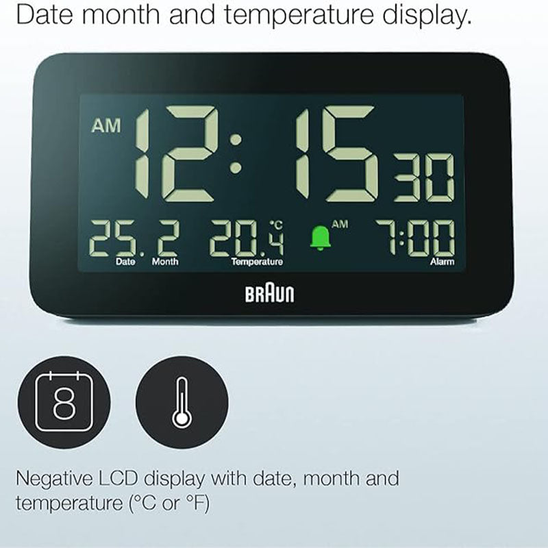 Braun Digital Clock with Date, Month and Temperature Displayed, Negative LCD Display- BC10B
