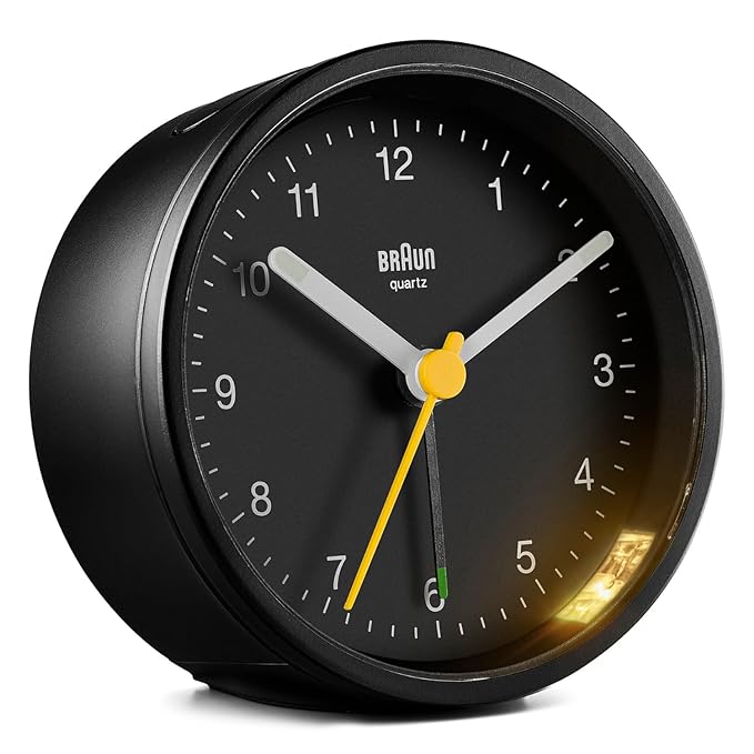 Braun Classic Analogue Alarm Clock with Snooze and Light, Crescendo Beep Alarm in Black - BC12B