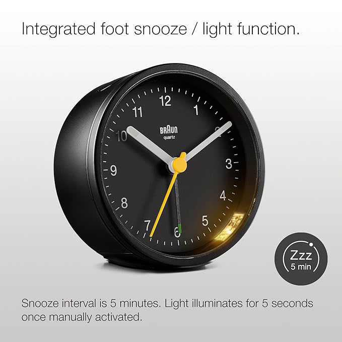 Braun Classic Analogue Alarm Clock with Snooze and Light, Crescendo Beep Alarm in Black - BC12B