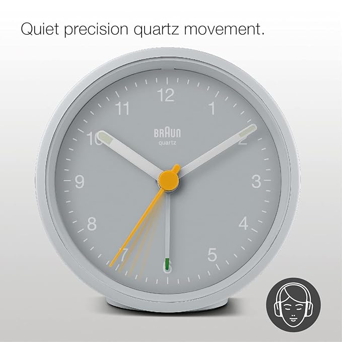 Braun Classic Analogue Alarm Clock with Snooze and Light, Crescendo Beep Alarm in Grey - BC12G