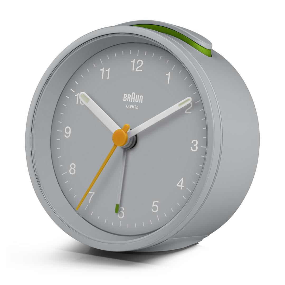 Braun Classic Analogue Alarm Clock with Snooze and Light, Crescendo Beep Alarm in Grey - BC12G