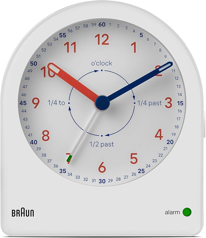 Braun Analog Clock Alarm Clock with Snooze and Continuous Backlight, Silent Quartz Movement, Easy to Read Dial, Crescendo Alarm Beep in White, Model BC22TW.